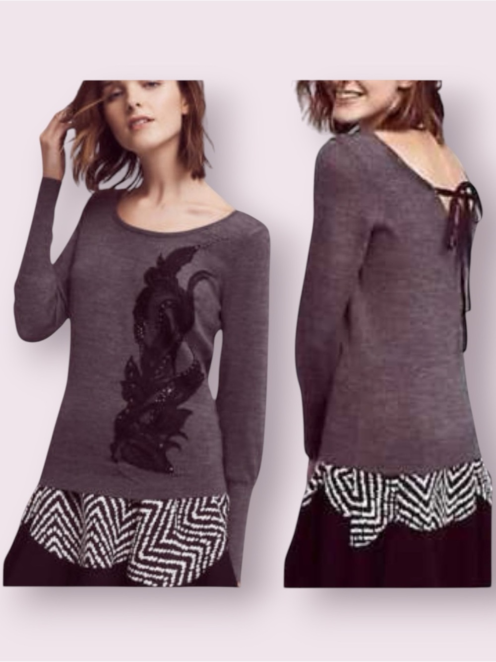 Anthropologie Angel of The North Tie Back Appliqué Front Wool Blend Sweater Gray